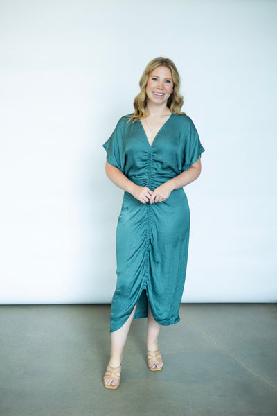 Teal satin wedding guest dress