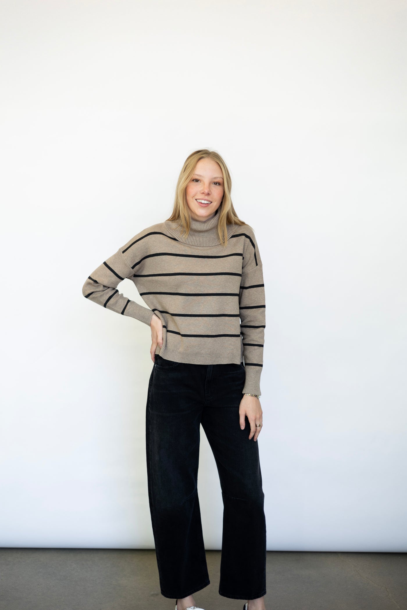 Cozy Striped Turtleneck Sweater With Slit