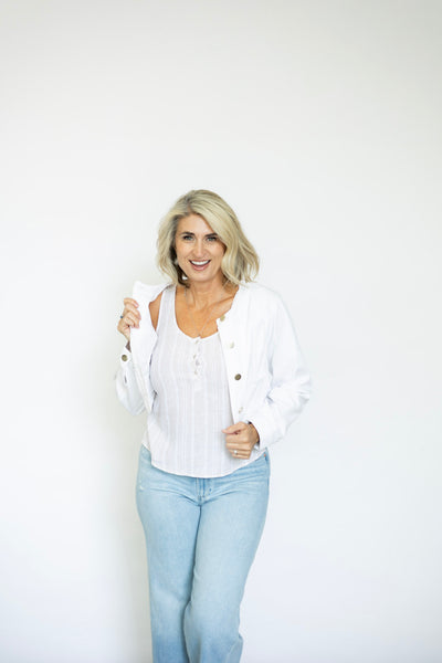 Cropped white denim jacket