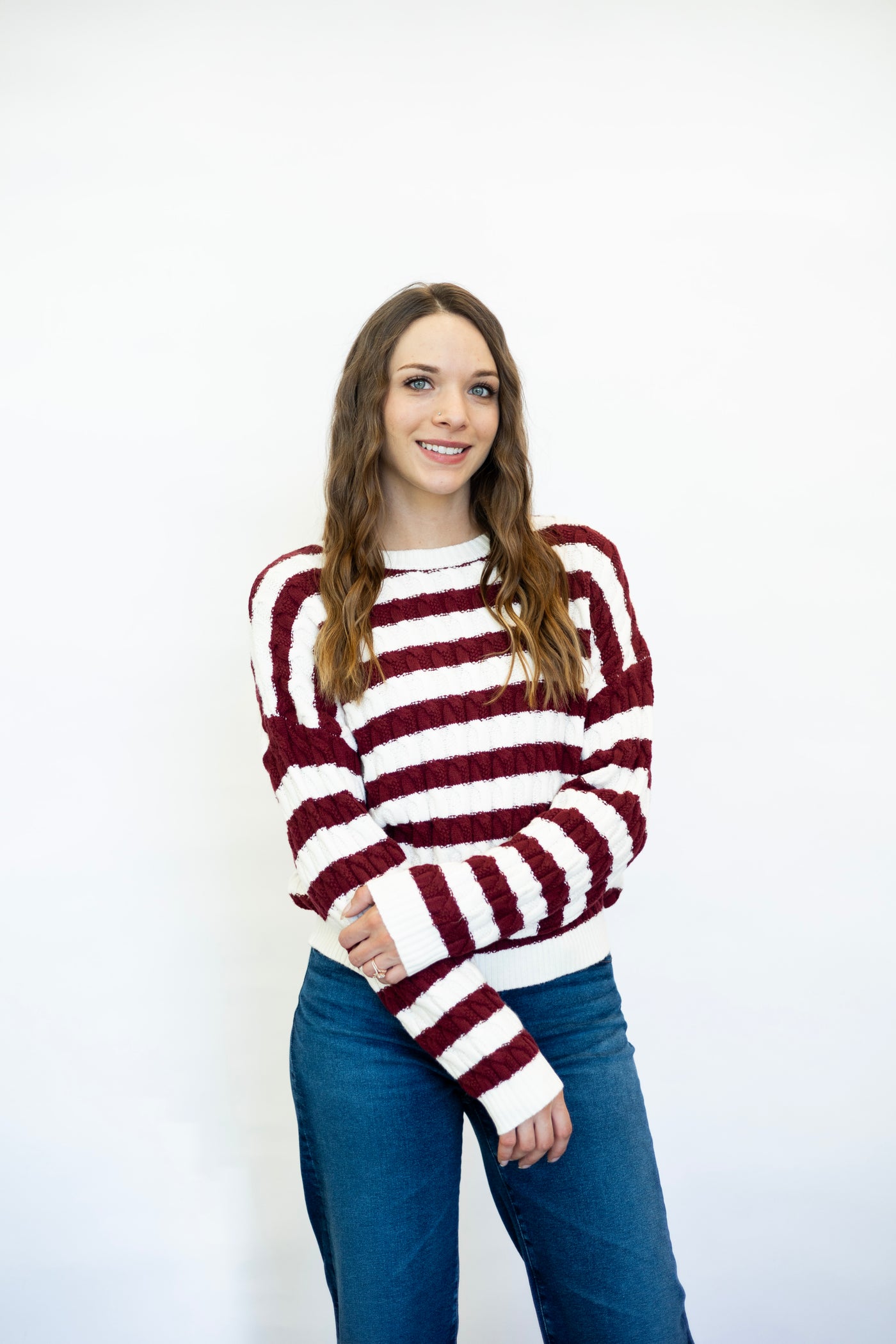 Stripe Crew Neck Cable Knit Sweater