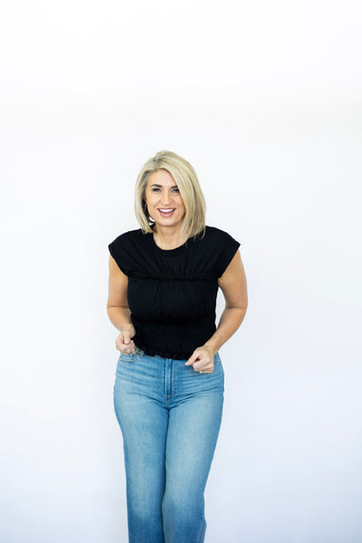 Women's black tee shirt with ruching