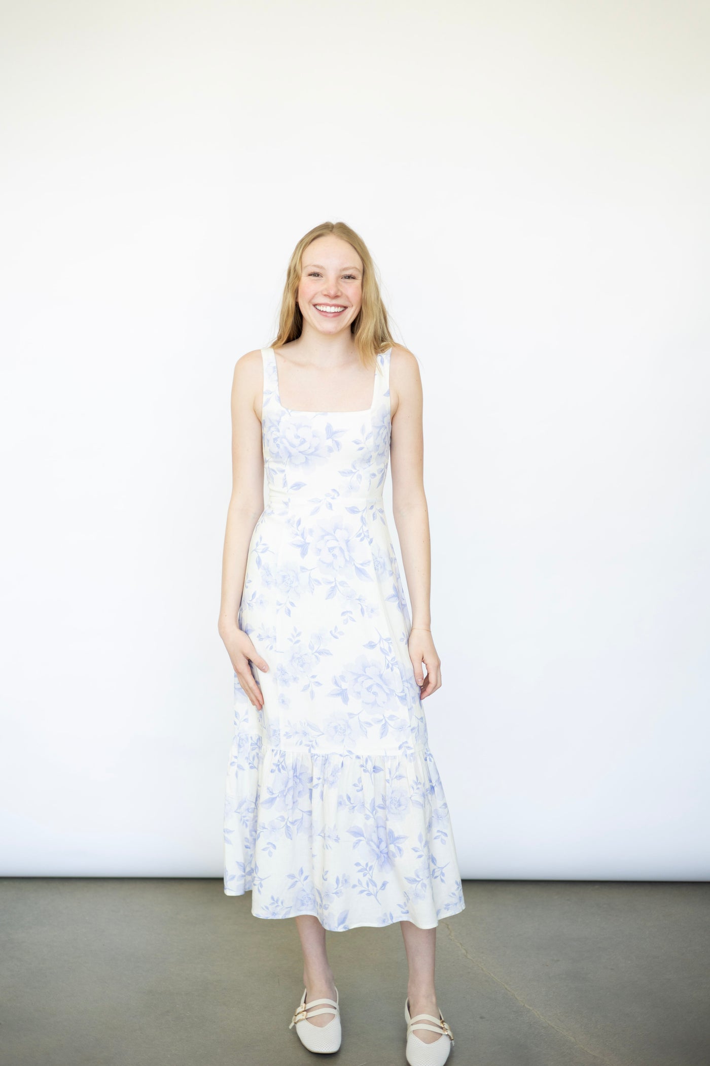 White dress with lilac flowers