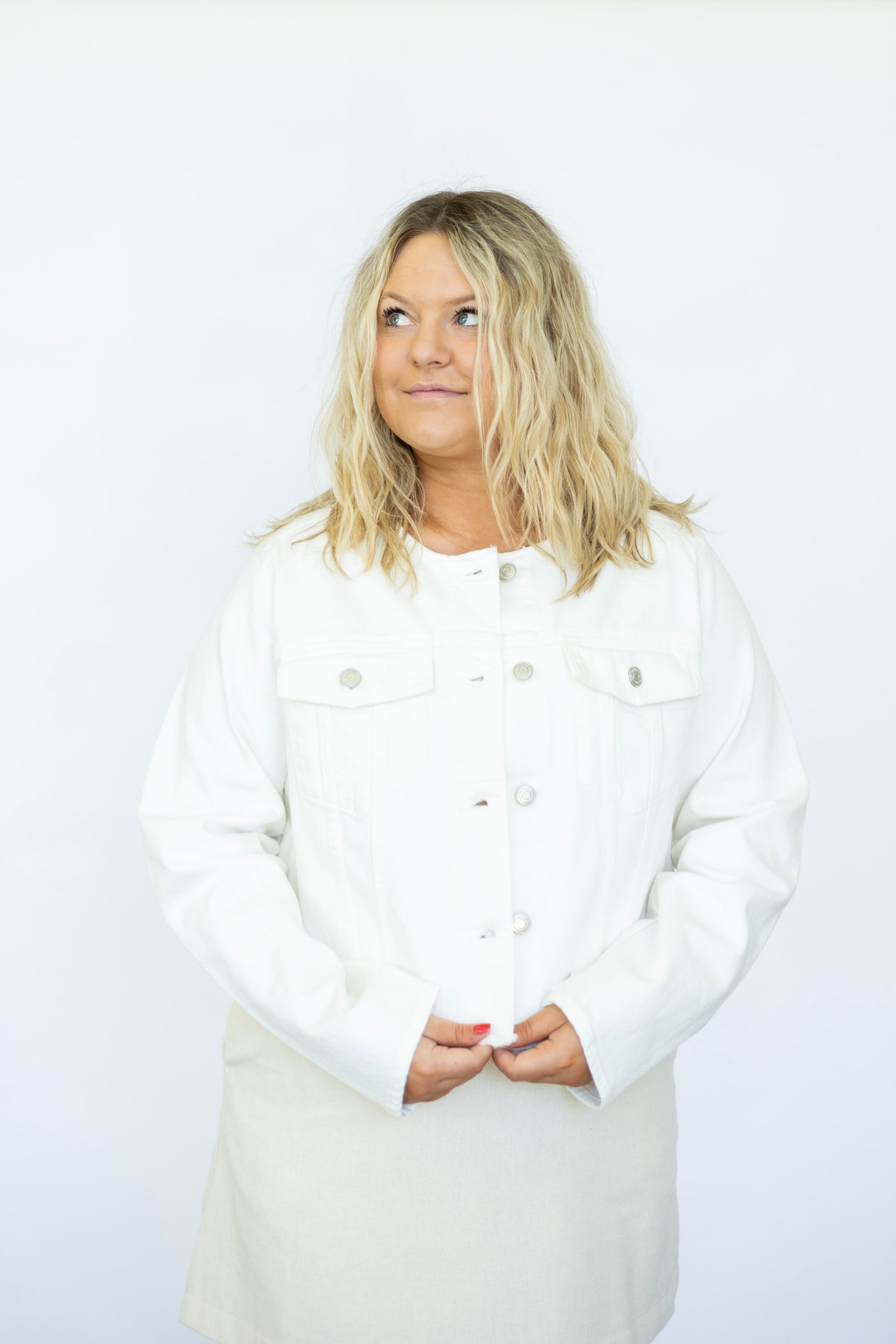 Boat neck white denim jacket