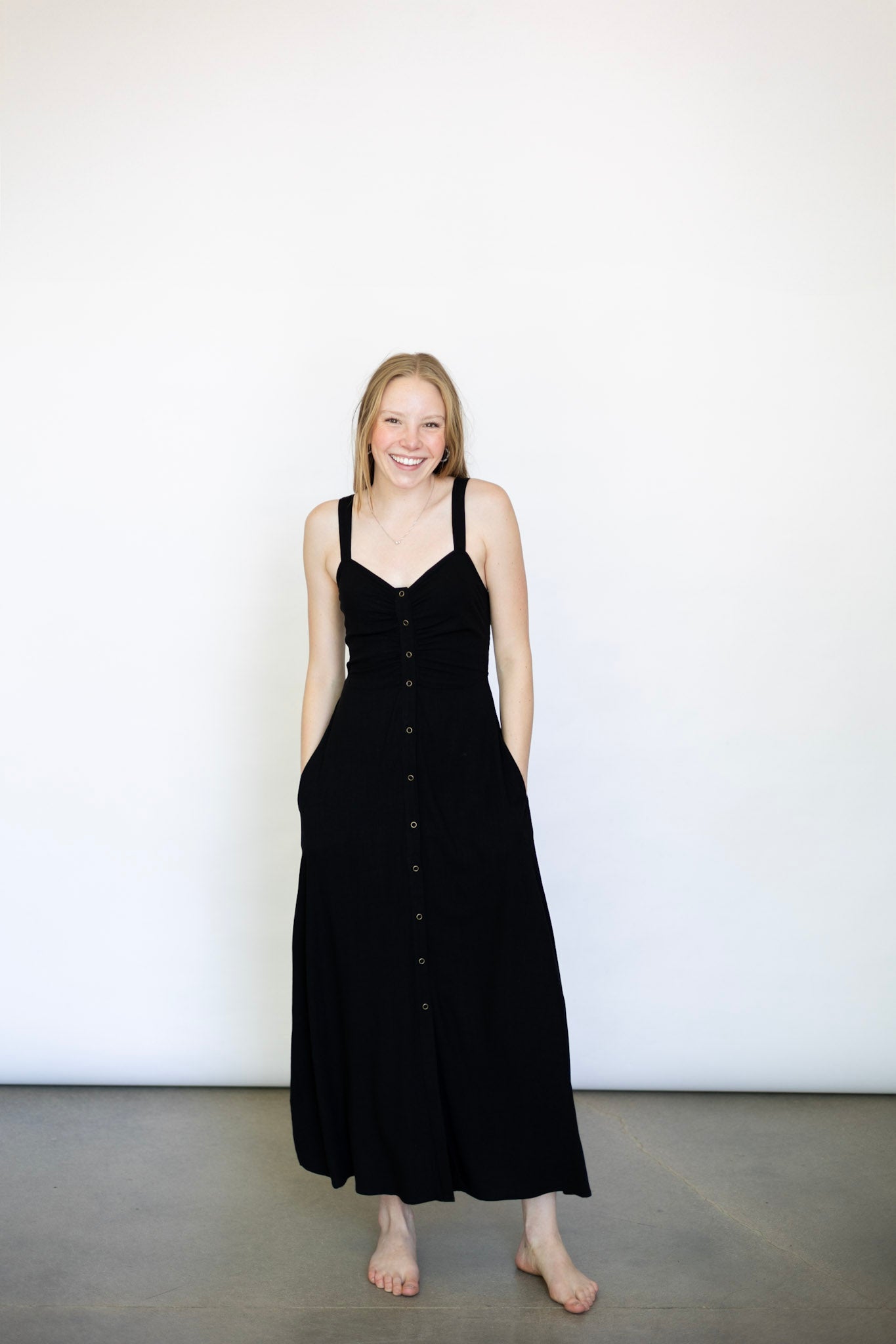 V-Neck Ruched Button Down Maxi Dress