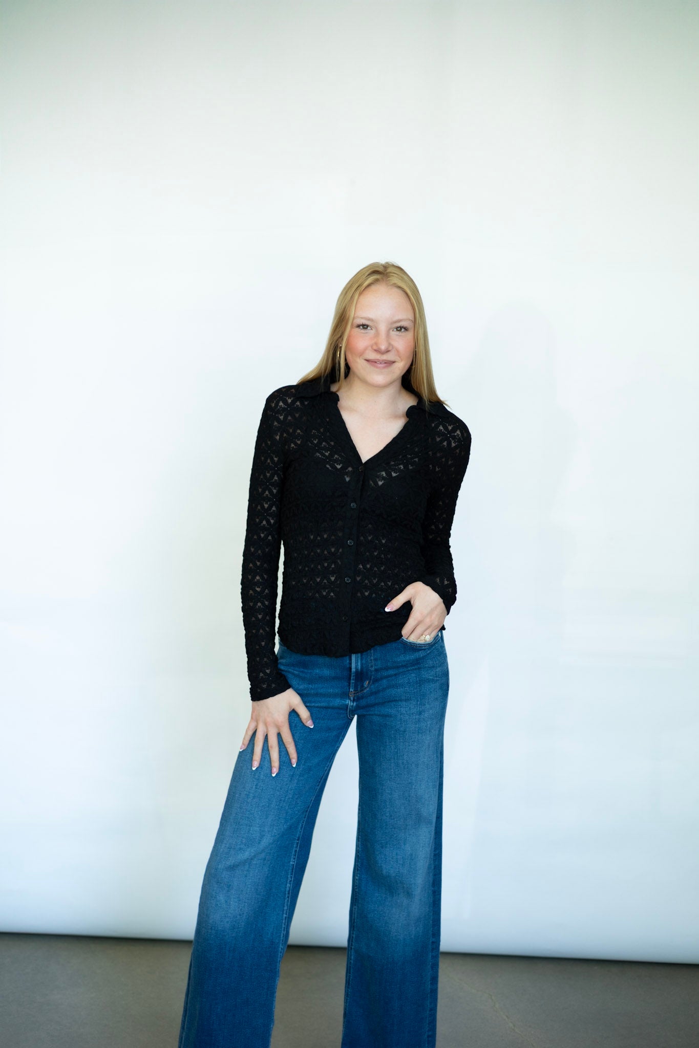 Sheer lace long sleeve button down 