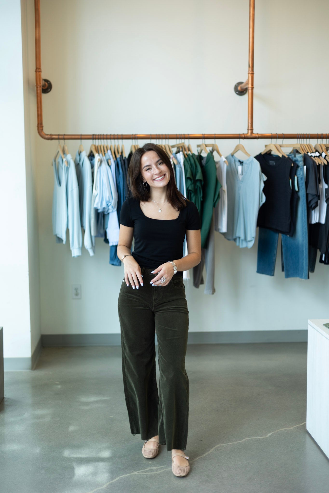 Wide leg green corduroy pants