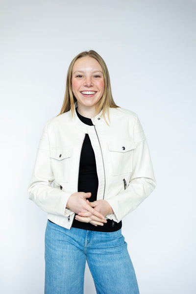 Cropped, white leather jacket