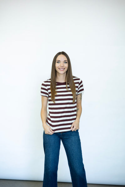 Women's maroon striped tee
