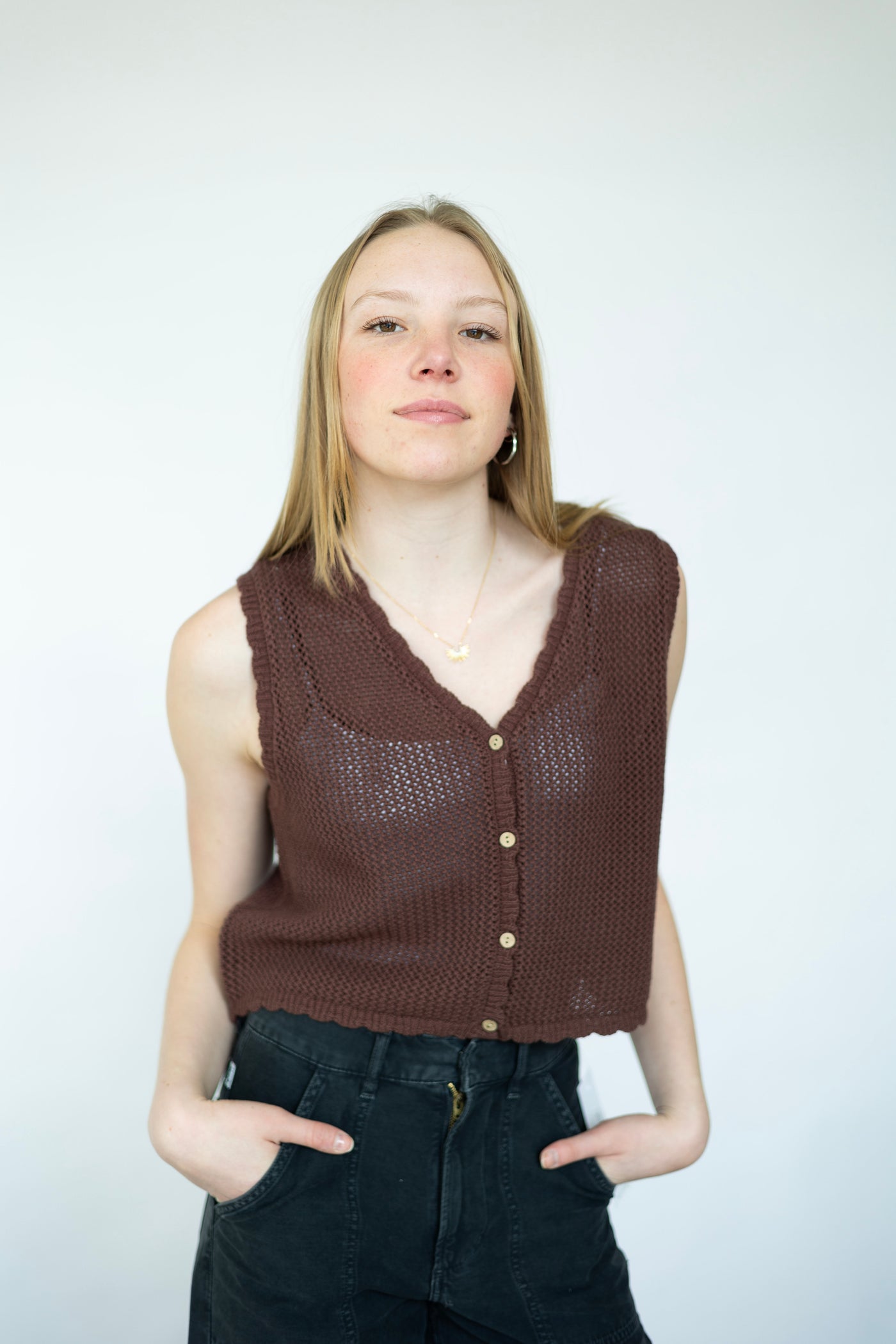 Brown, open knit sweater vest