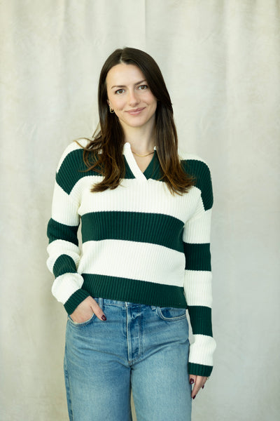 White and evergreen striped sweater