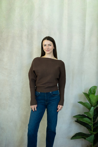 Ribbed, off the shoulder, brown sweater