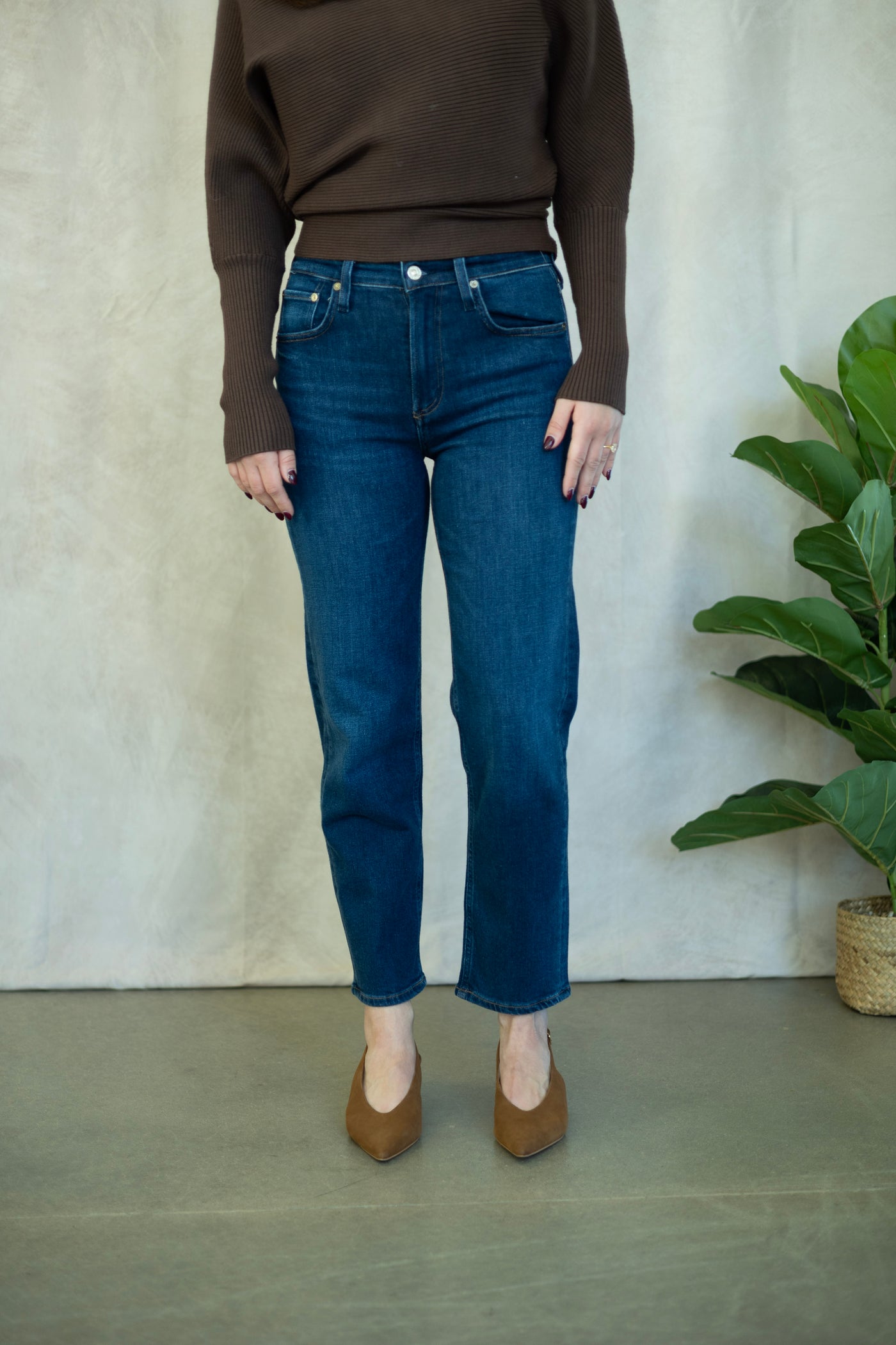 Medium wash, slim straight jean