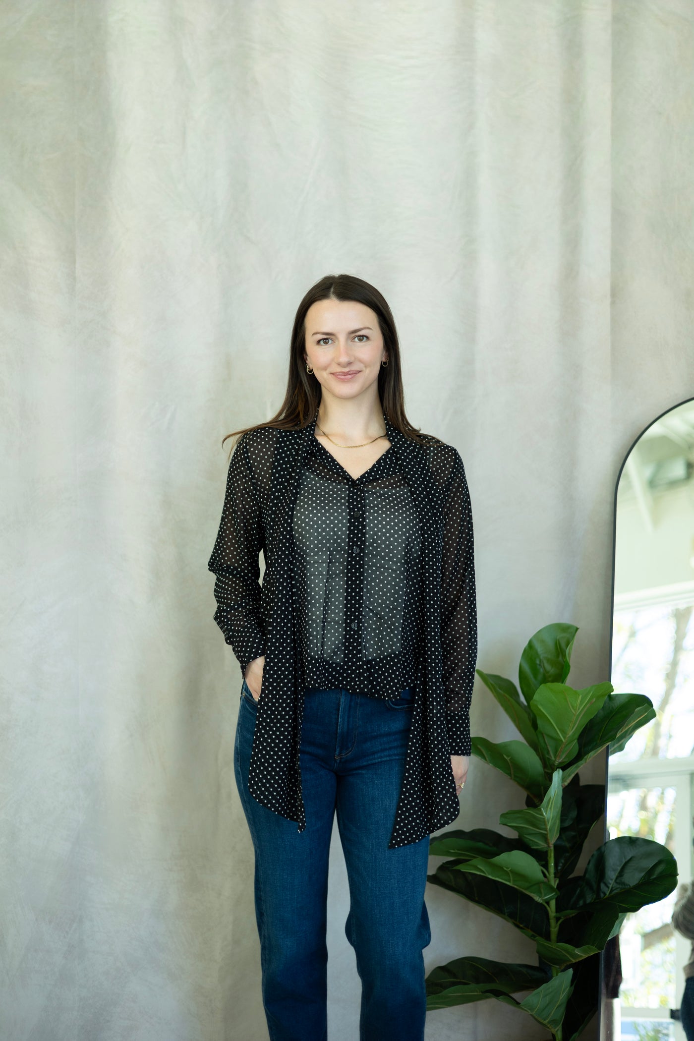 Mesh polka dot blouse with neck tie