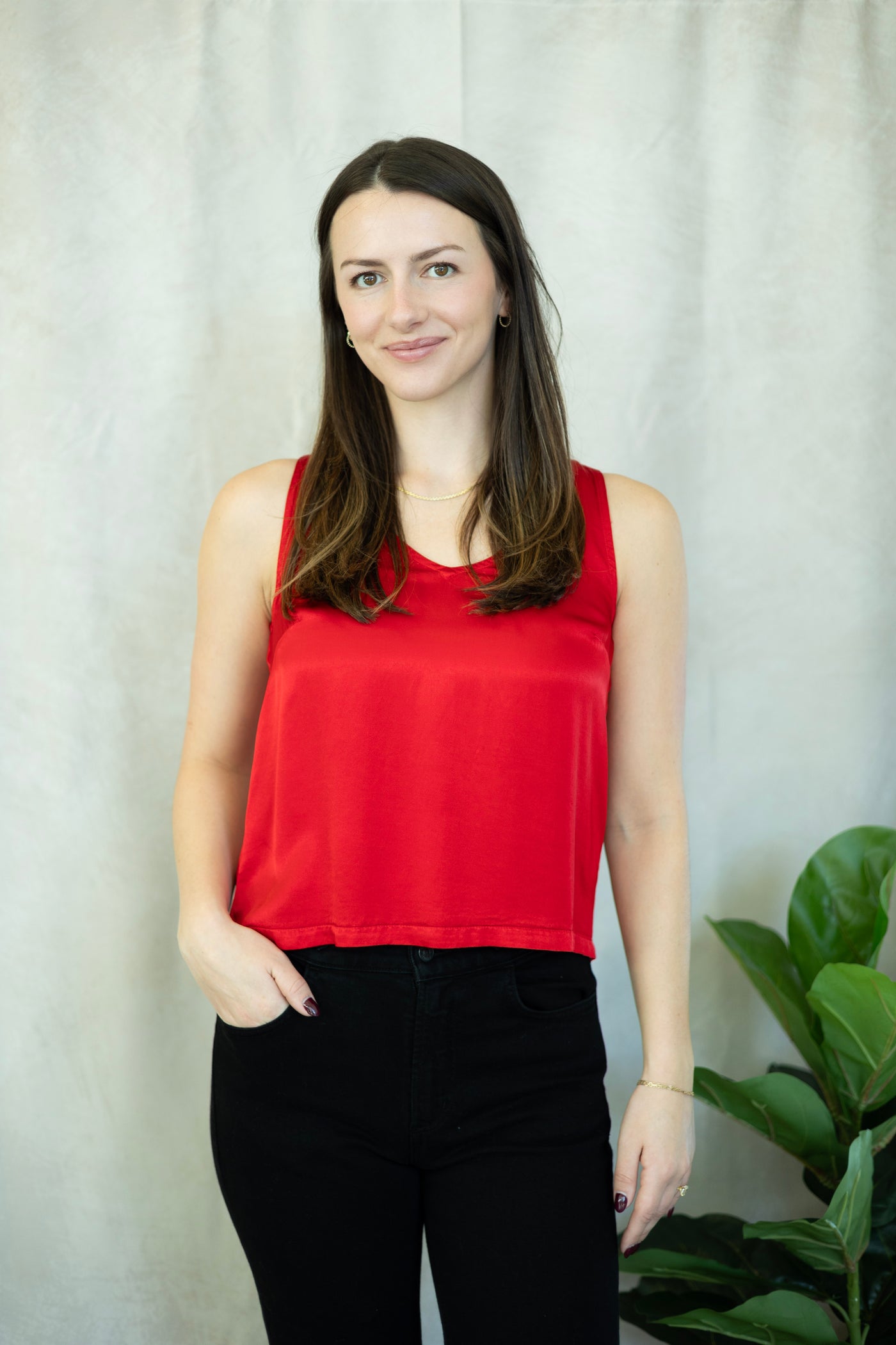 Red, satin holiday tank top
