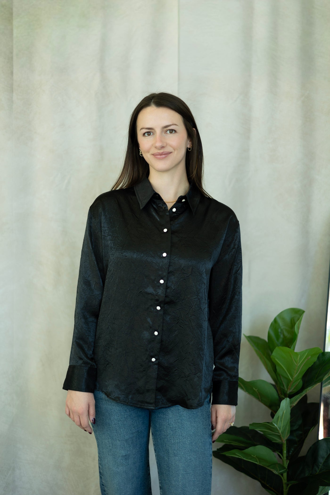 Black, textured, button down blouse