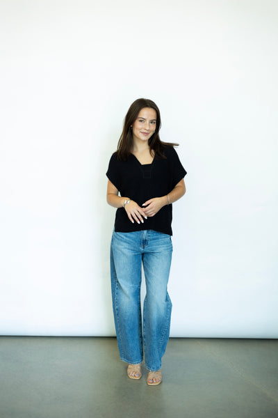 Open knit short sleeve black sweater