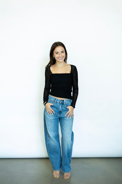 Square neck mesh long sleeve