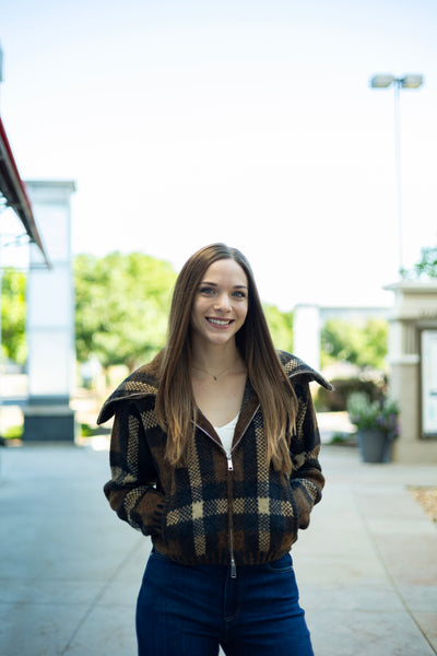 Cropped, plaid zip up jacket