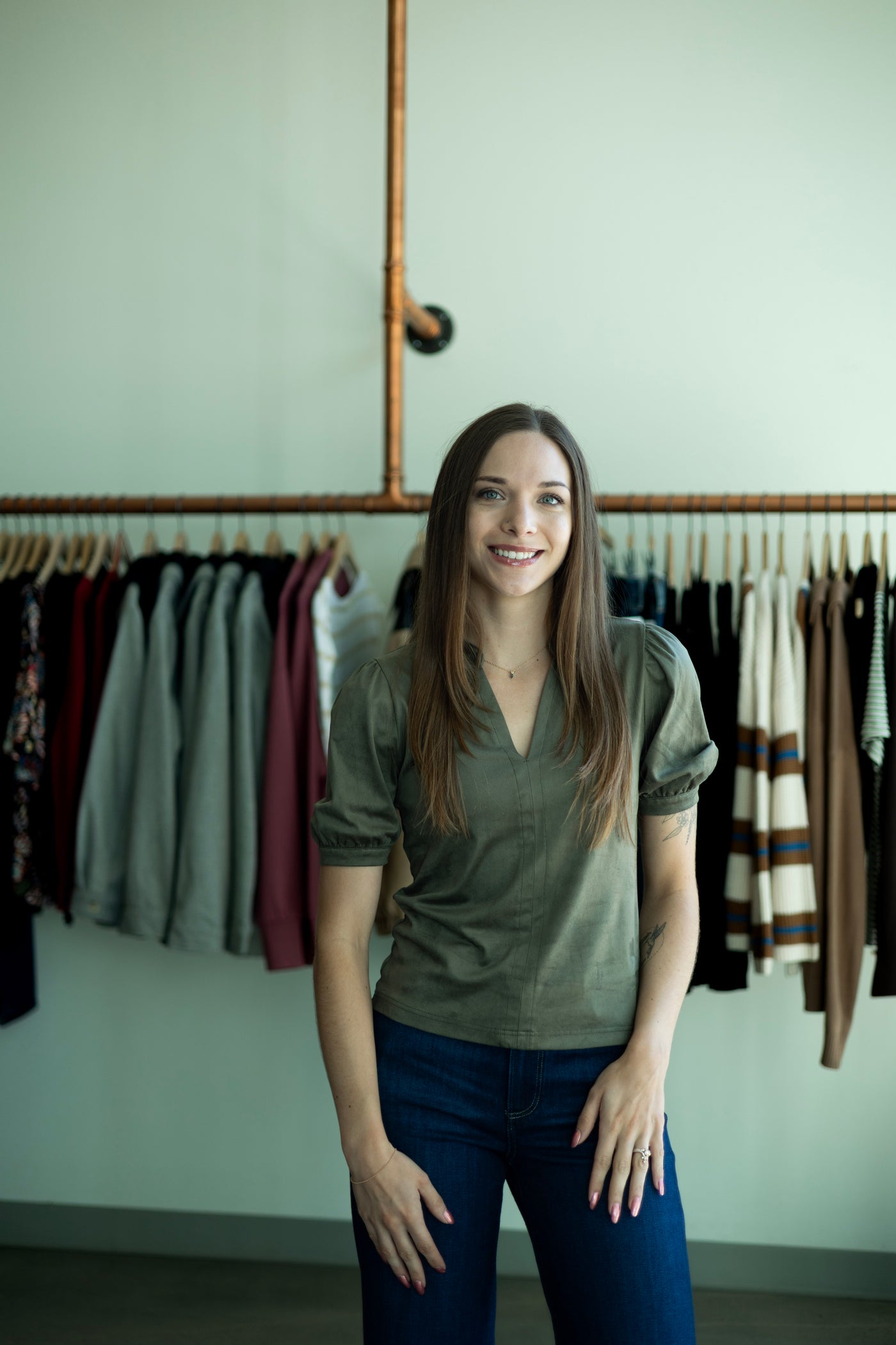Olive green, suede, short sleeve blouse