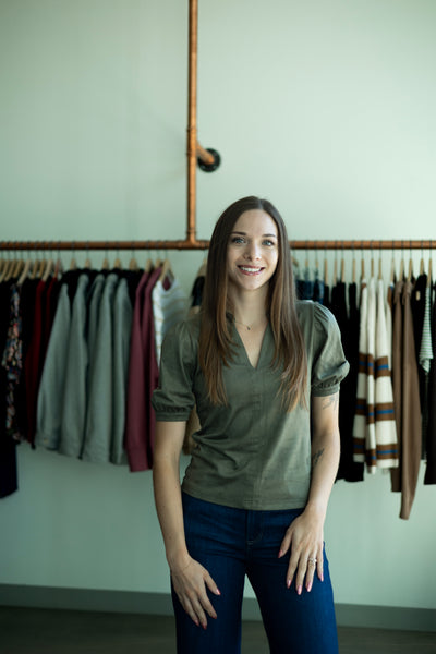 Olive green, suede, short sleeve blouse