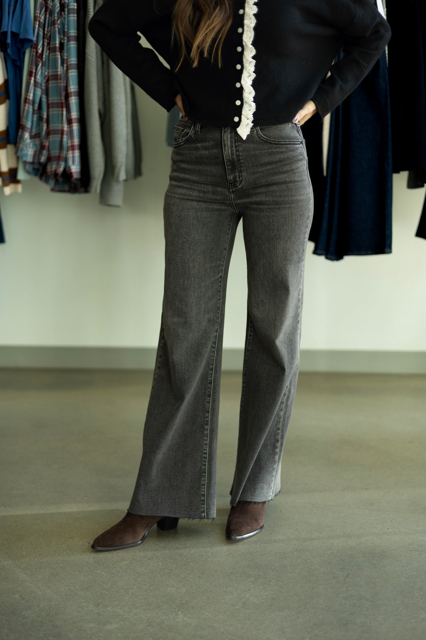 Long, wide leg, black jeans for women