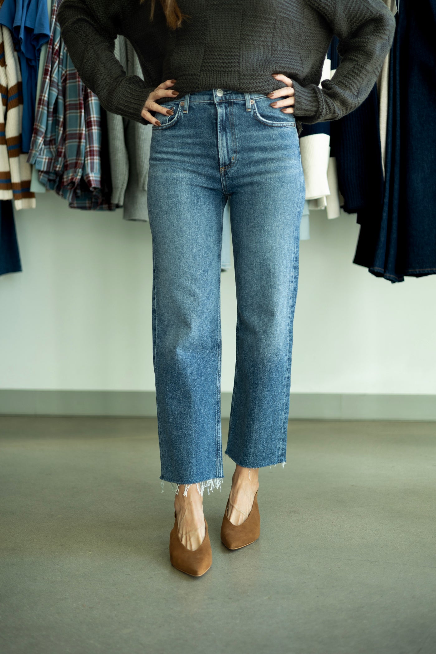 Medium wash, straight leg jeans from Agolde