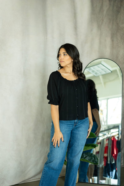 Elbow Length Sleeve Button Down Top