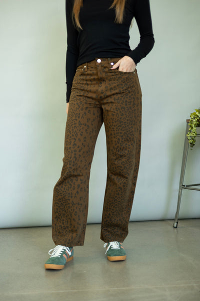 Cheetah print barrel jeans