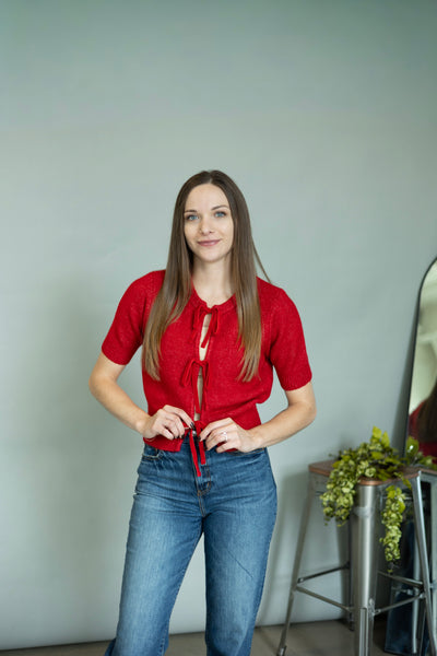 Red short sleeve sweater with bows