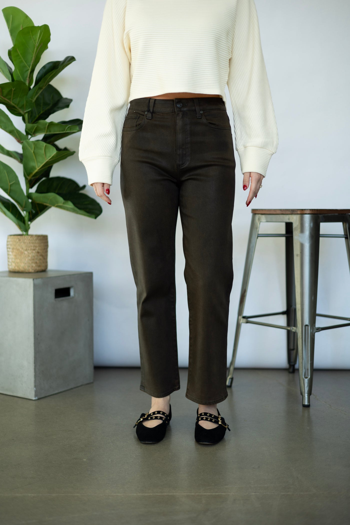 Brown, coated denim for women