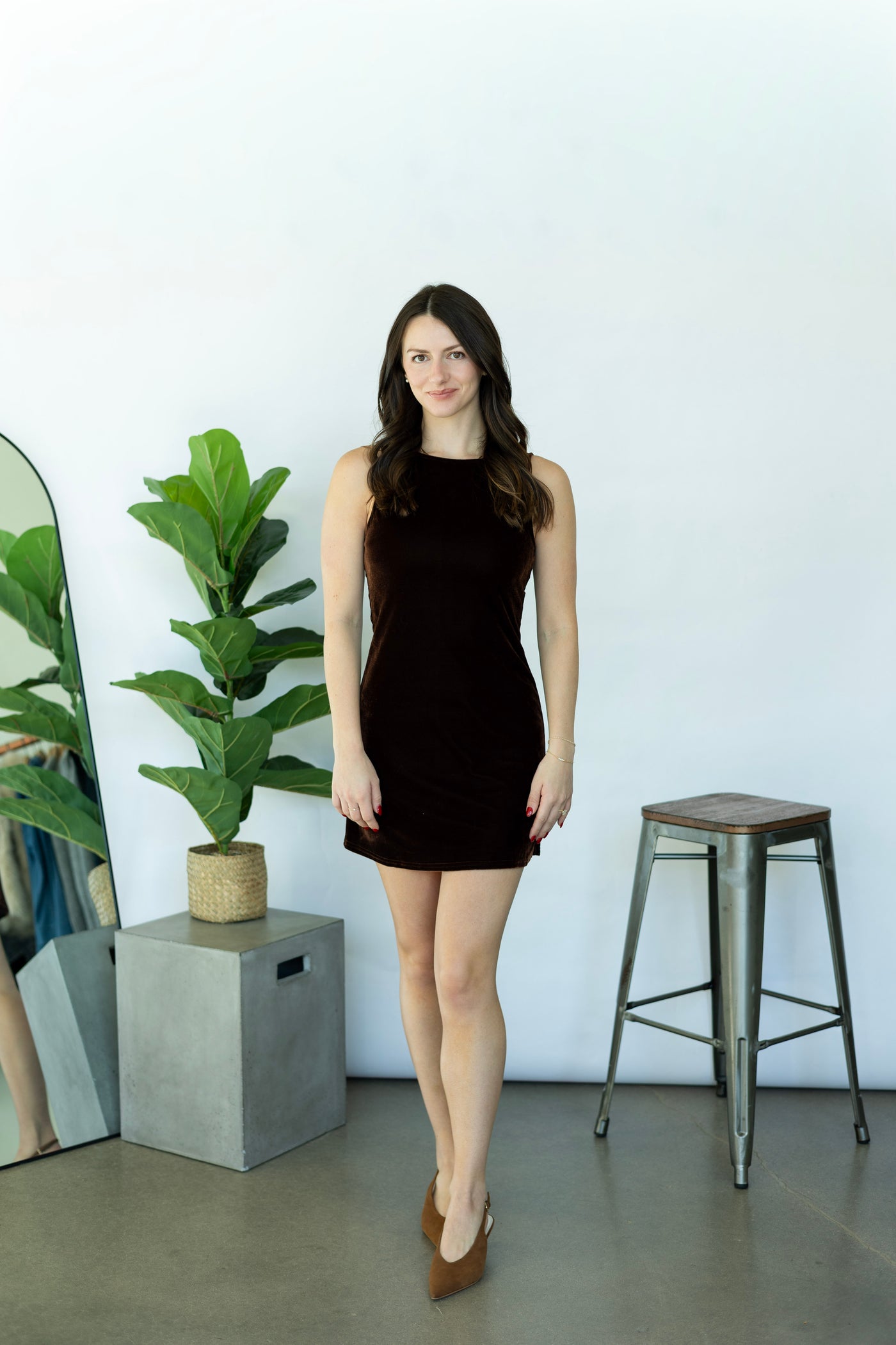 Brown, velvet mini dress