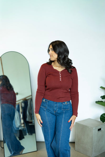V Neck Button Closure Knit Top