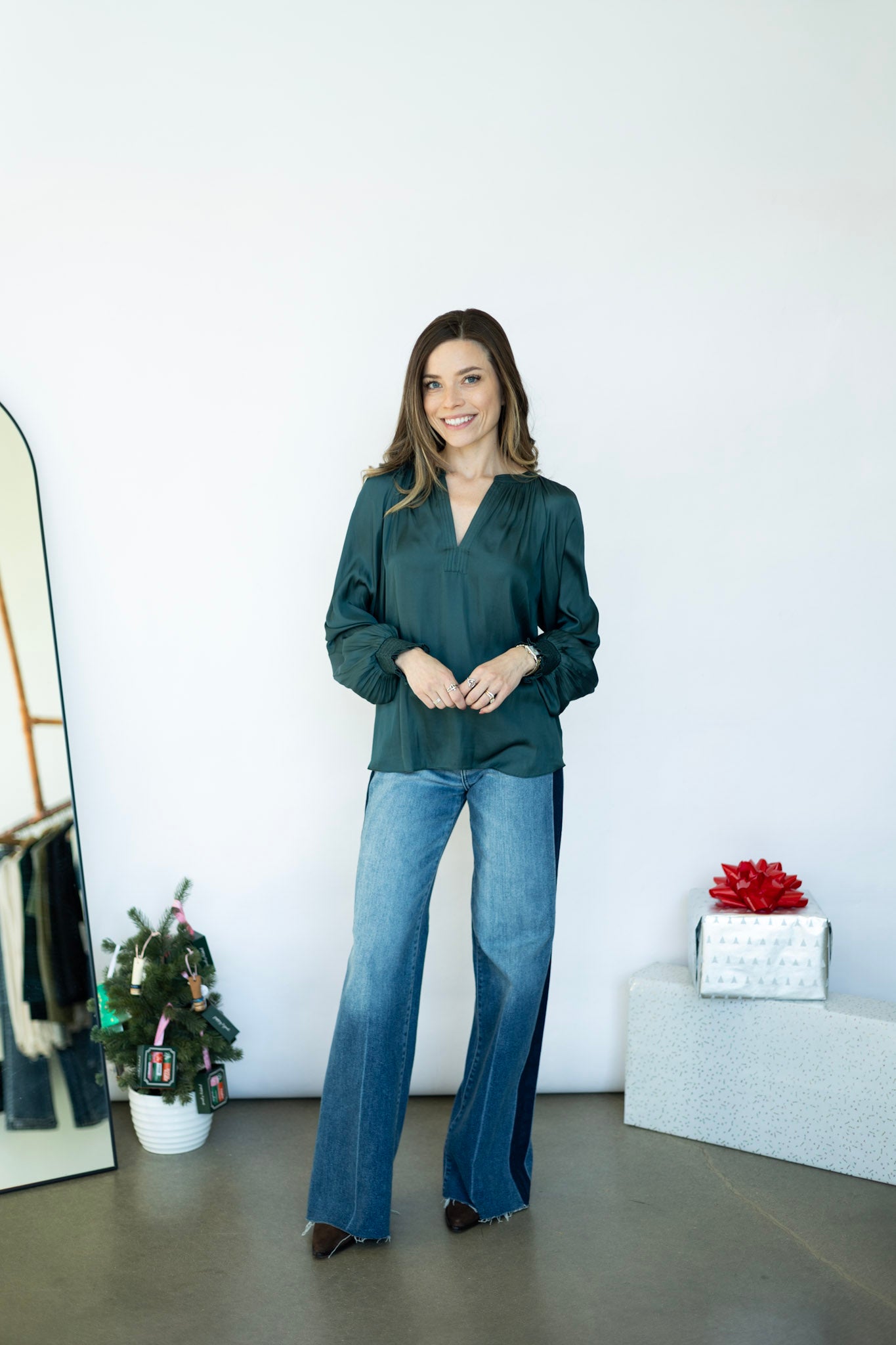 Green, long sleeve, satin blouse