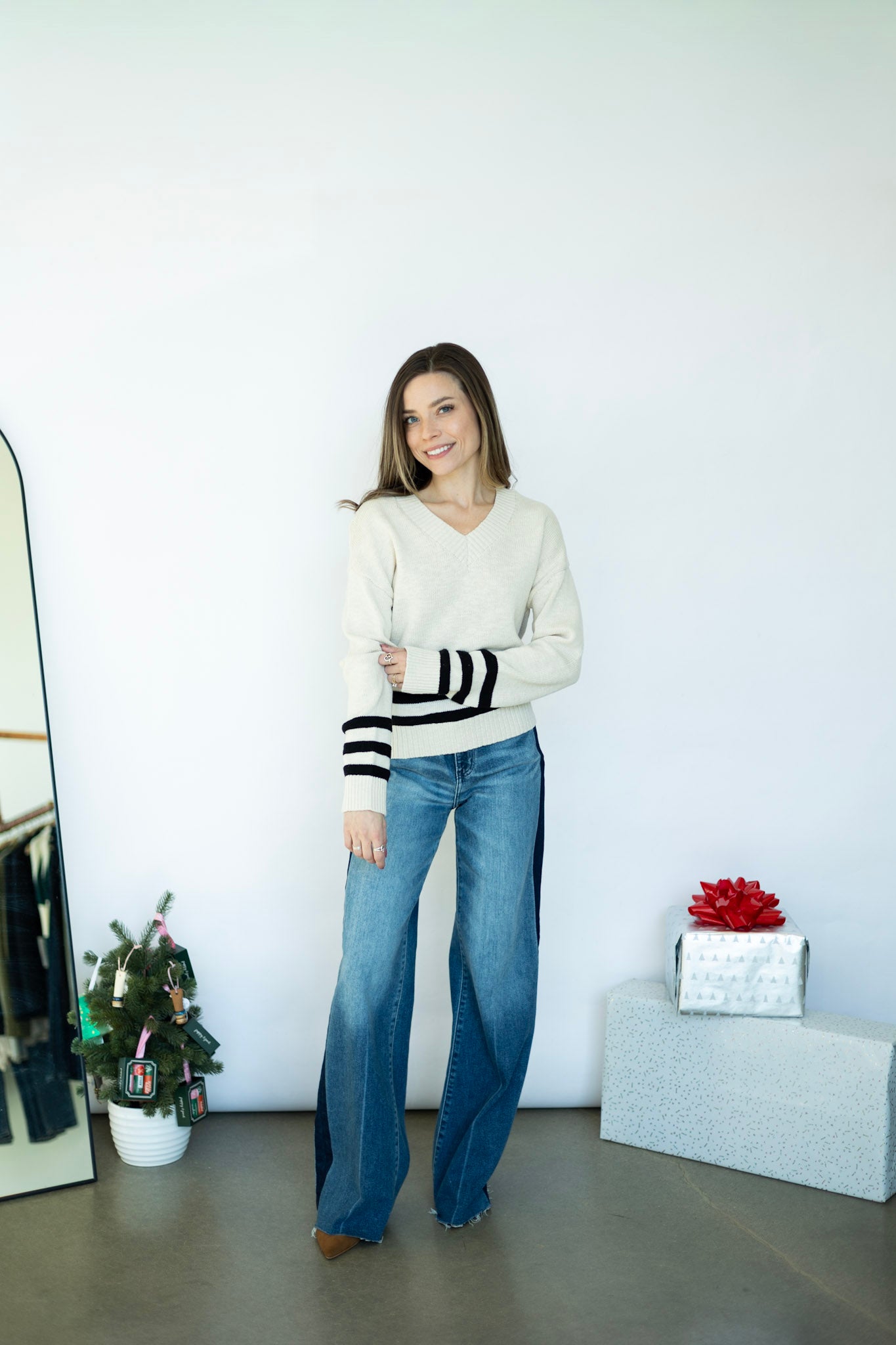 V-neck sweater with stripes