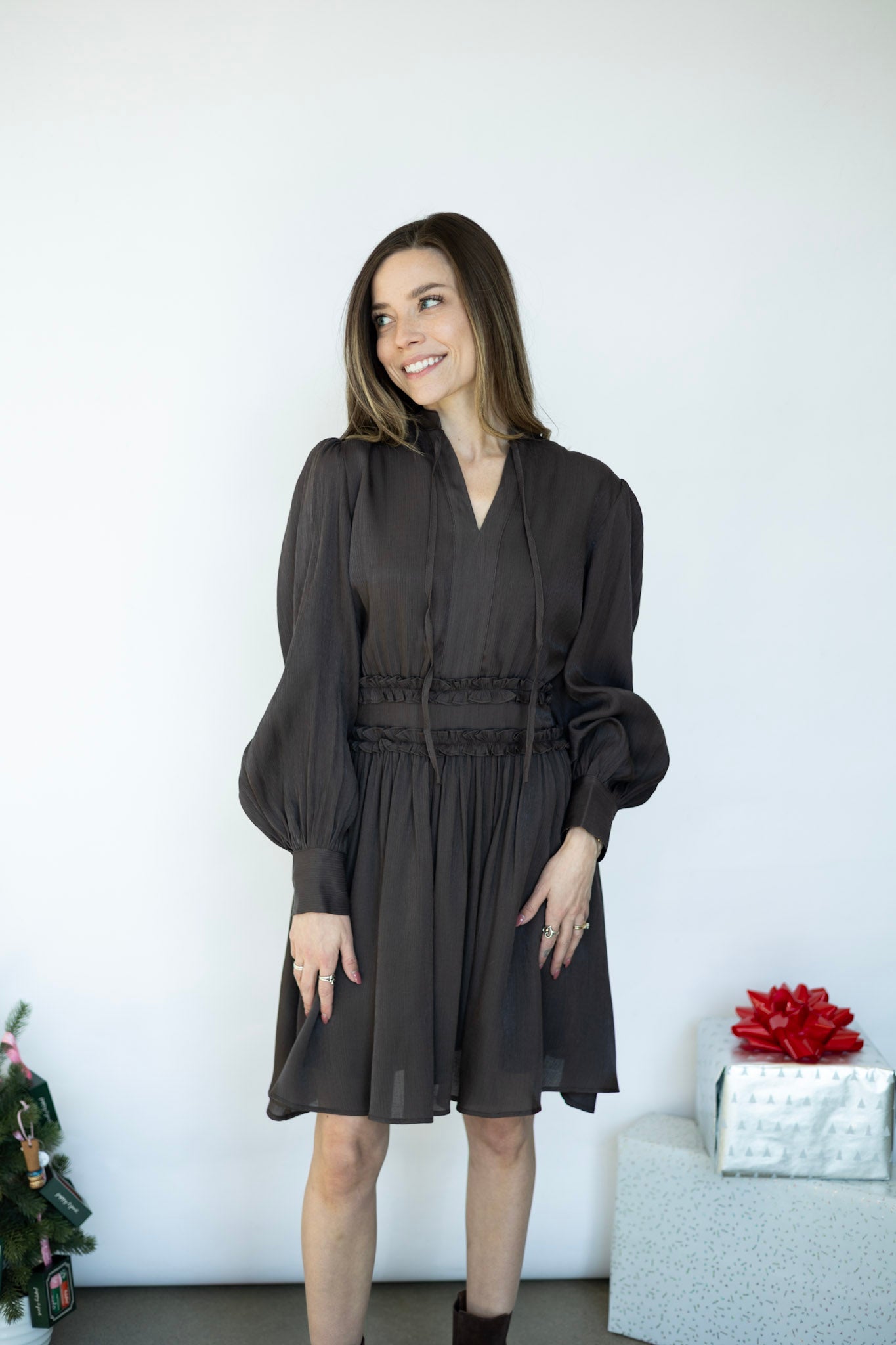 Long sleeve brown flowy dress