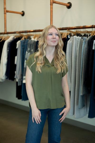 Green, satin, short sleeve blouse