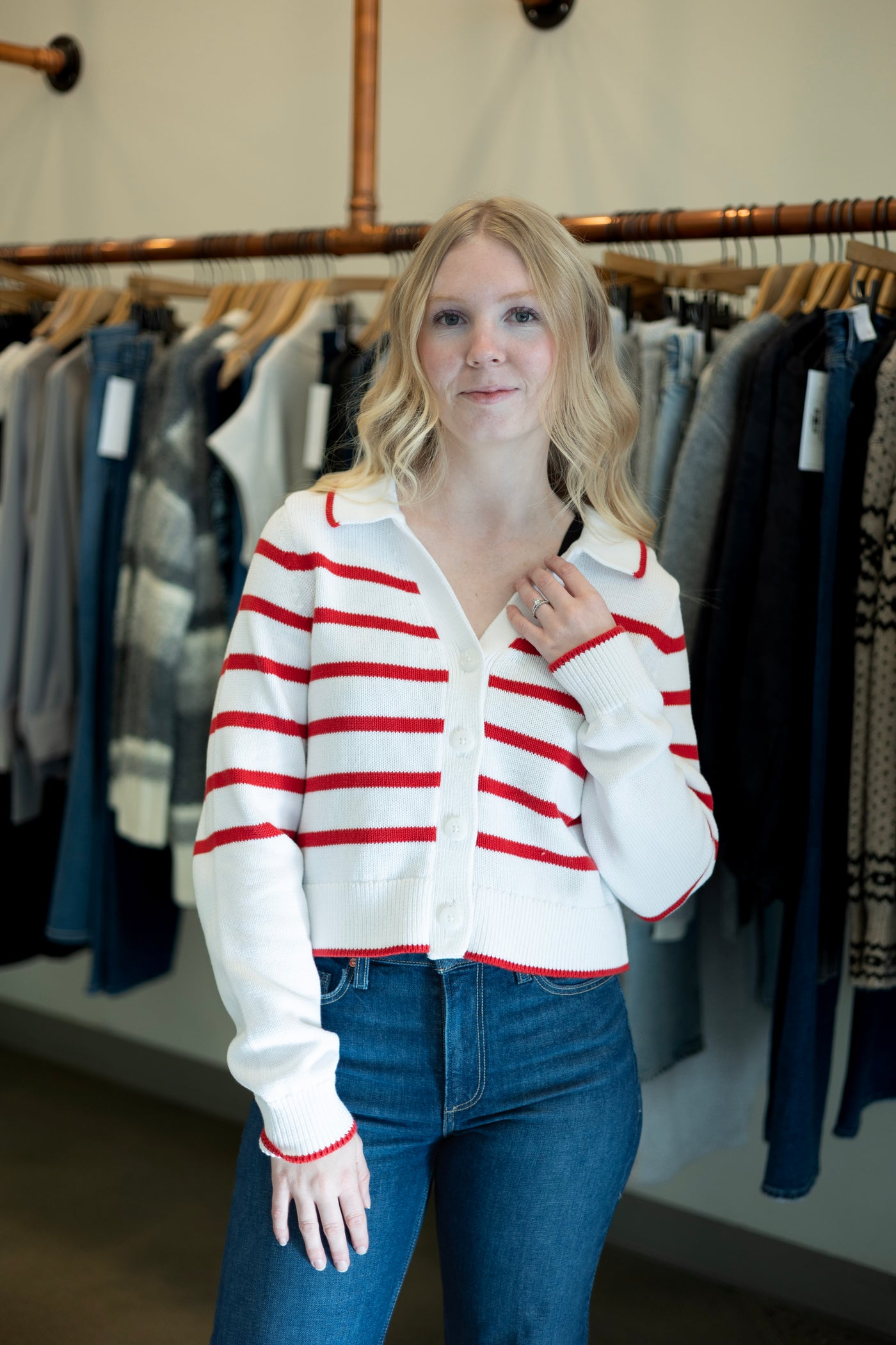 White & red striped cardigan