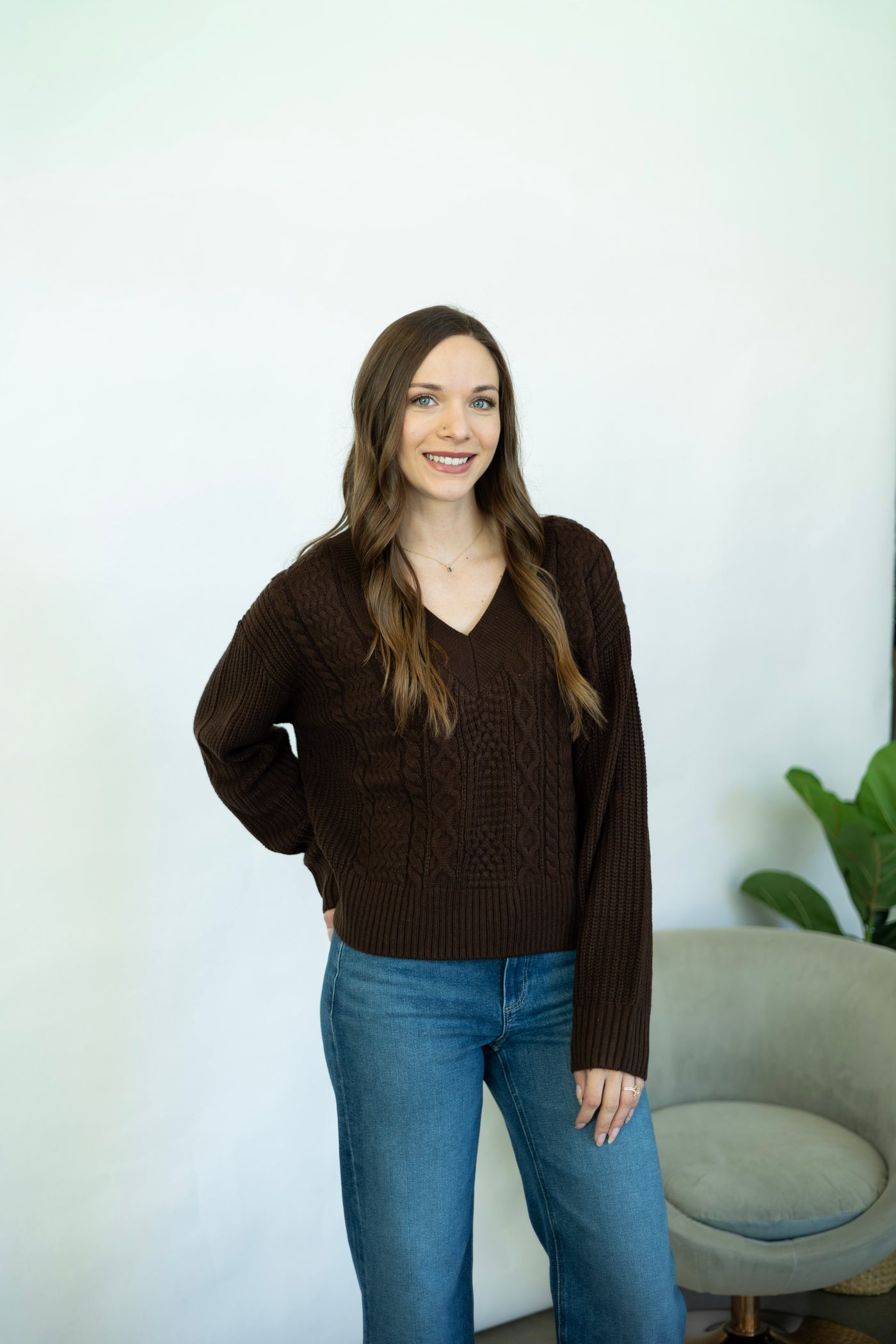 Classic brown v-neck sweater for women