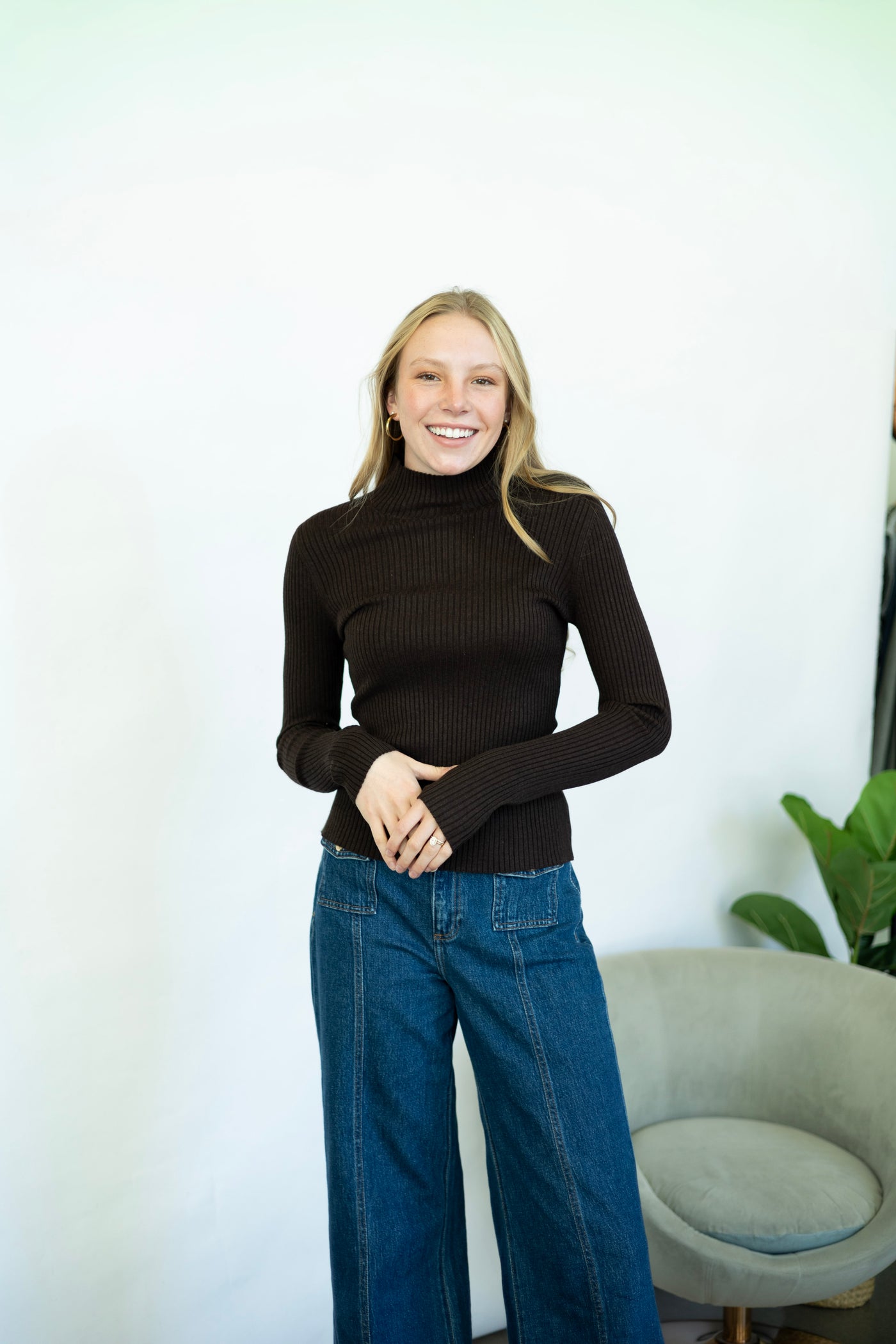 Brown, ribbed, mock neck long sleeve 