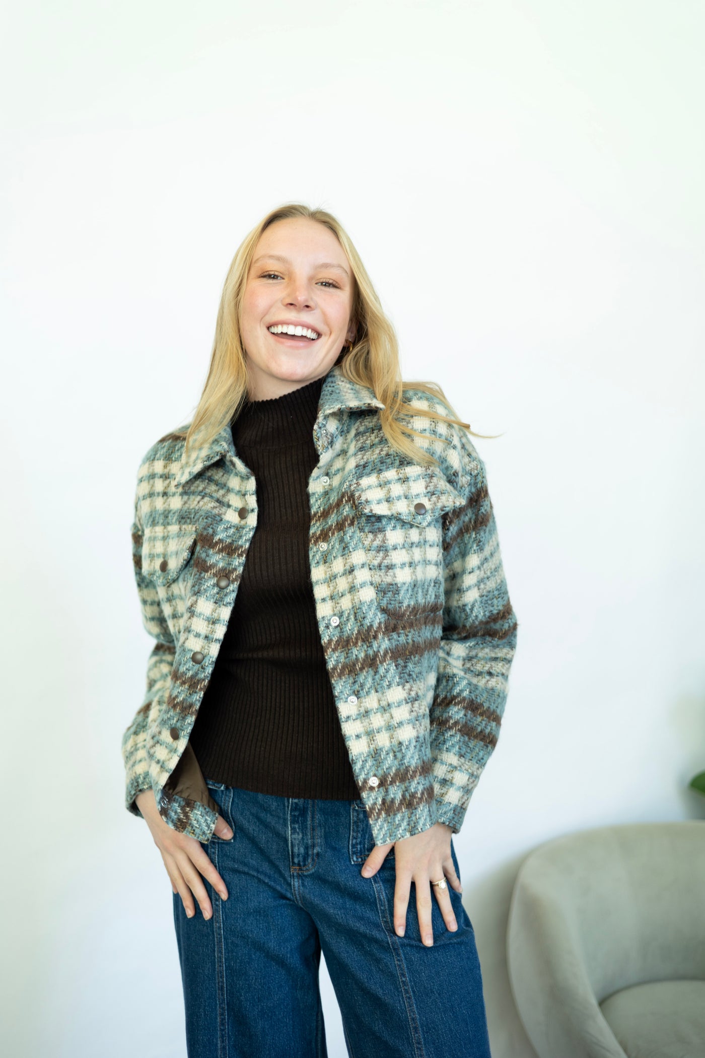 Brown, blue, and cream plaid shacket
