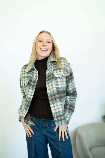 Brown, blue, and cream plaid shacket