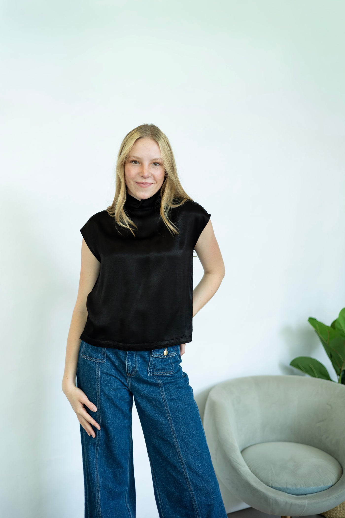Satin, mock neck, short sleeve top