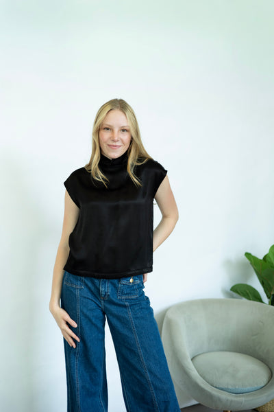 Satin, mock neck, short sleeve top