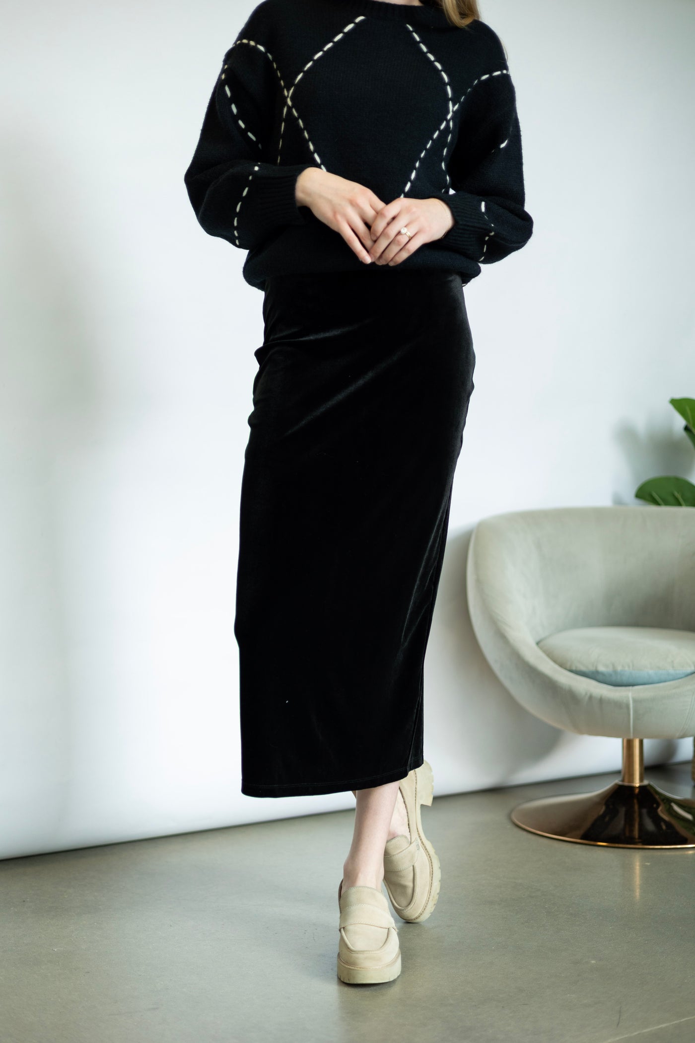 Black, Velvet midi skirt