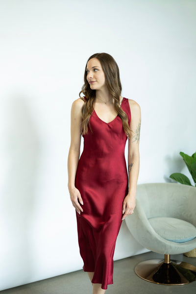 Red, satin, midi dress