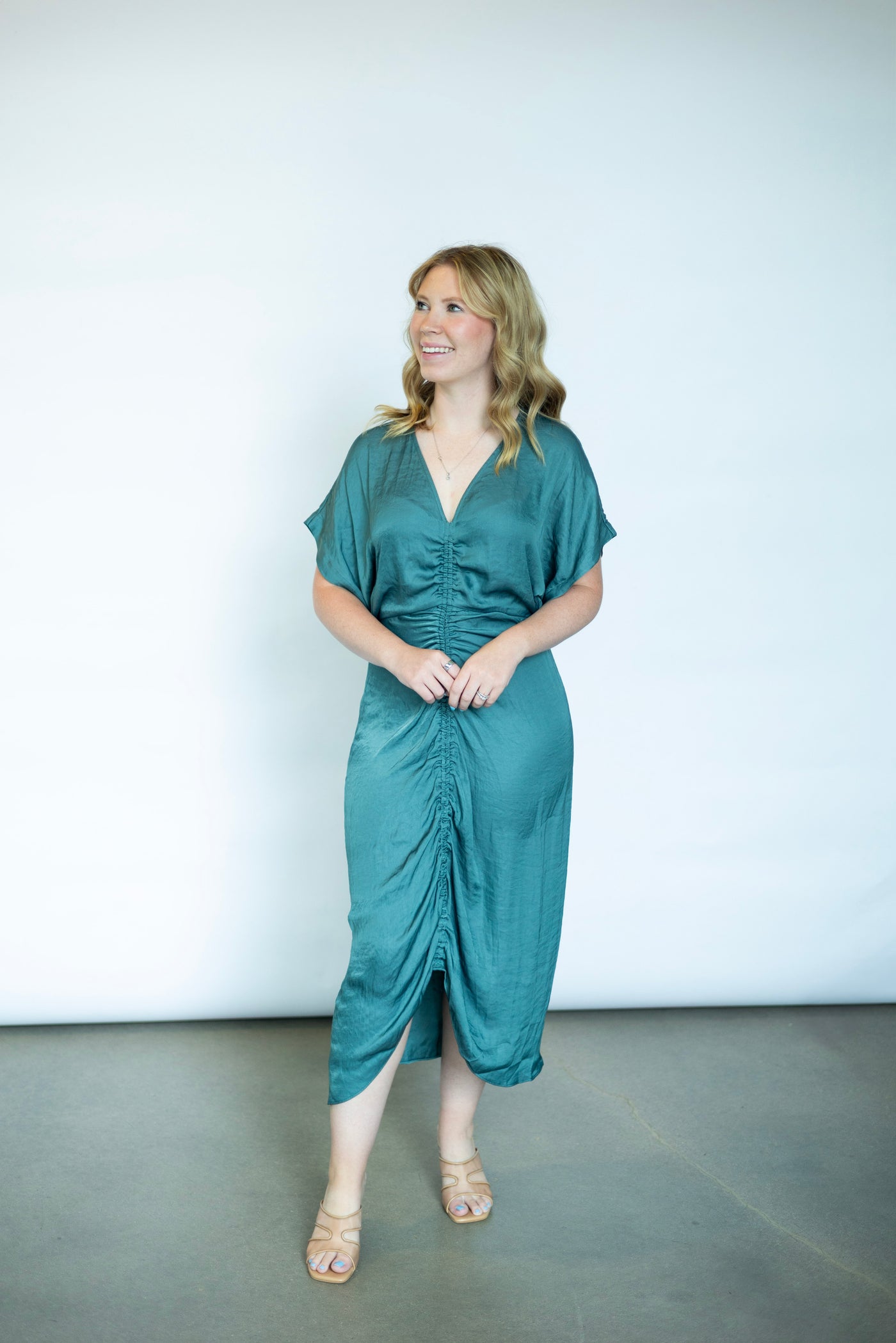 Teal satin wedding guest dress
