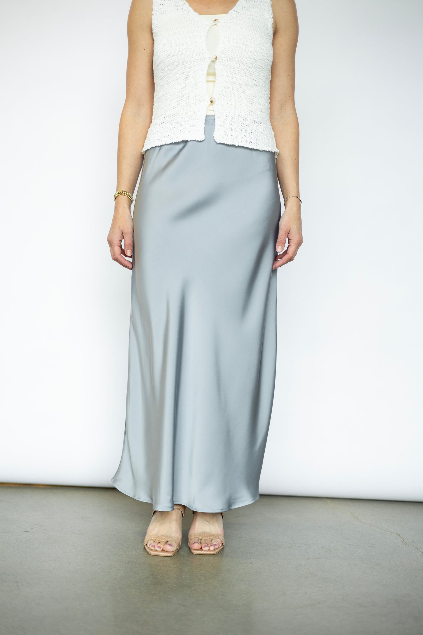 Silver satin maxi skirt