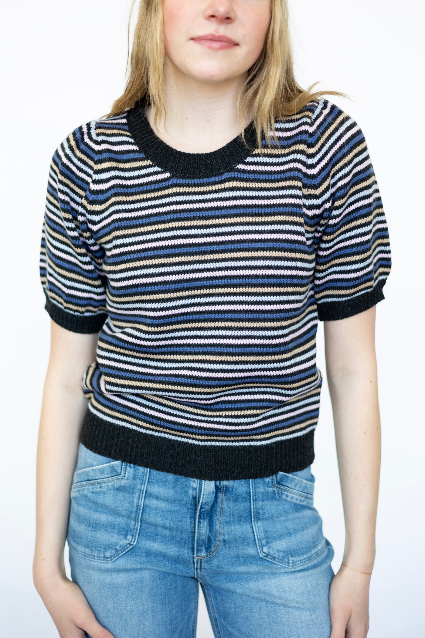 Colorful striped short sleeve sweater for women