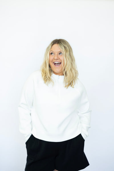 Women's white quarter zip athletic sweatshirt