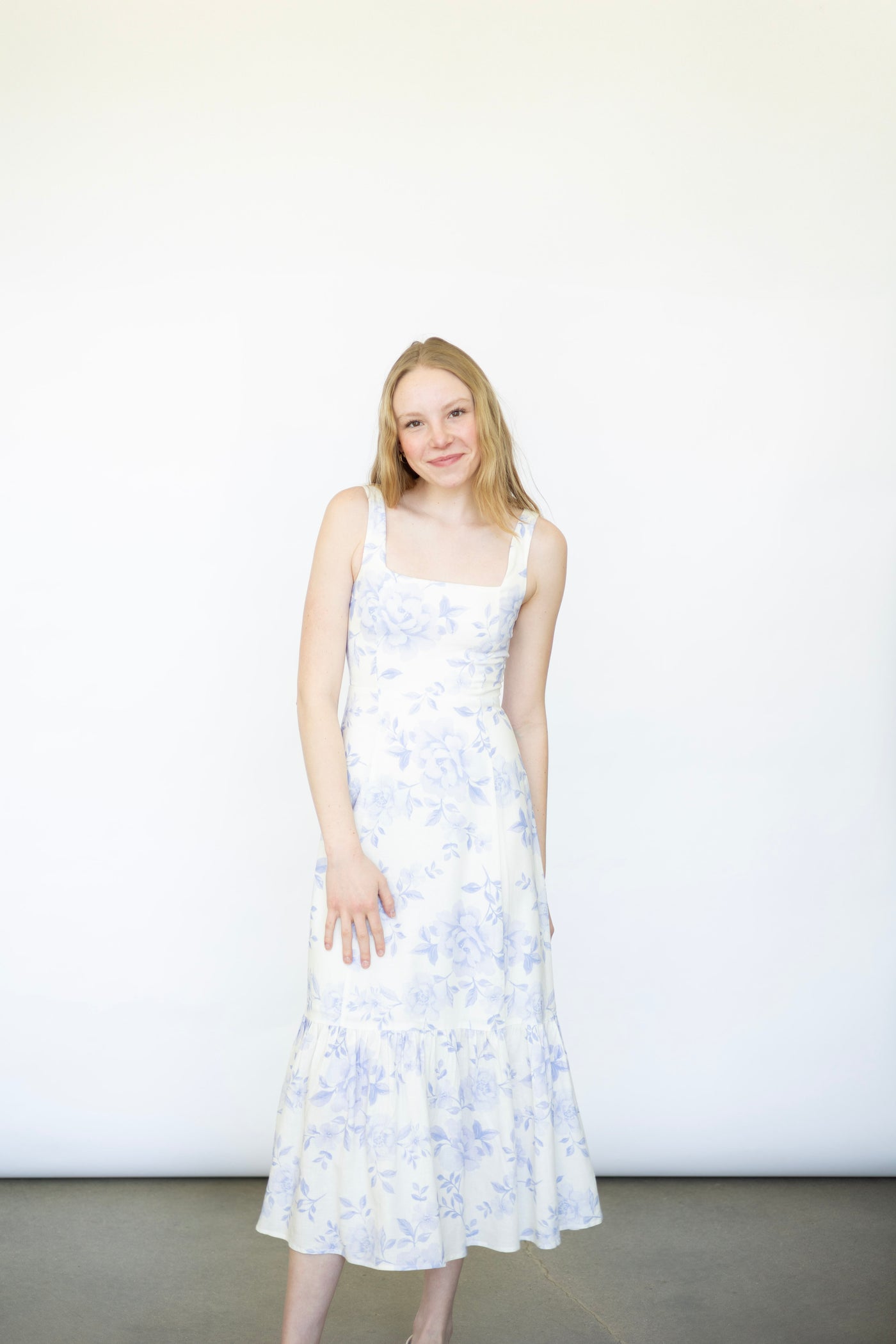White dress with lilac flowers